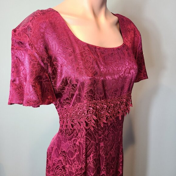 Vintage 90s Dress Floral Brocade Satin 3D Rose Lace Red Gilded Age Holiday Large - Picture 4 of 11